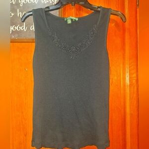 A Lauren Ralph Lauren Black Sleeveless Top With Lacy Trim Around The Collar.